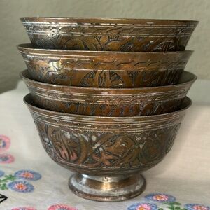 Set of 4 Antique Hand-Etched Brass Pedestal Bowls Middle Eastern Style Heavy